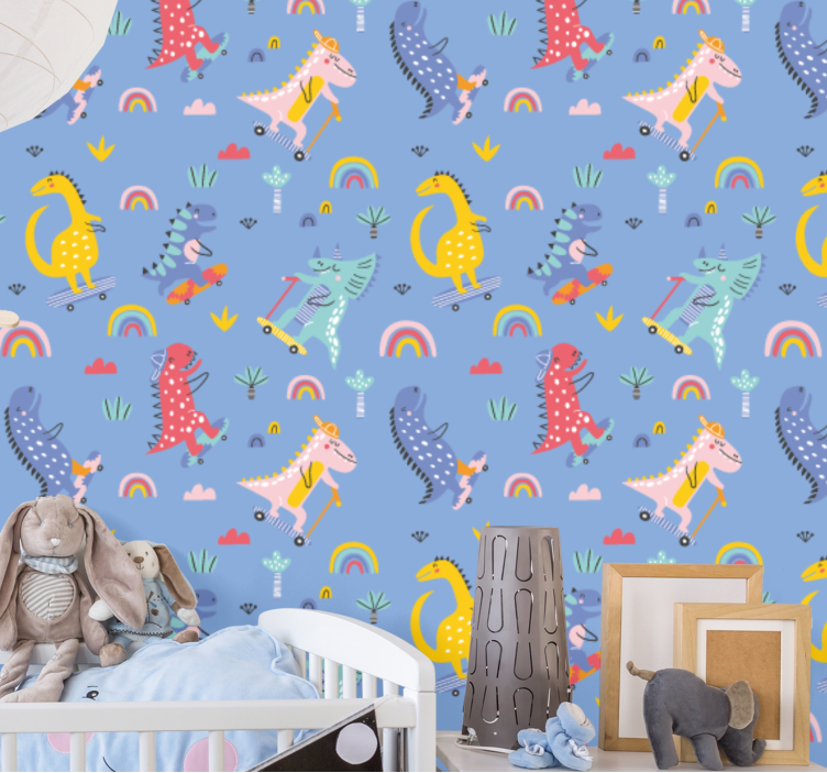 Papel pintado dinosaurios patinadores - TenVinilo