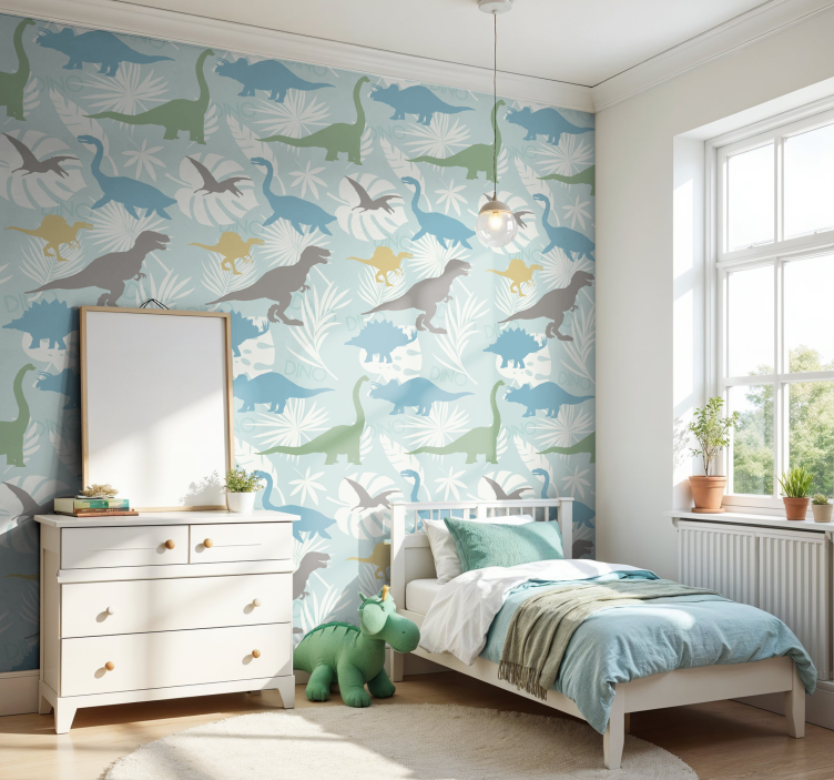 Papel pintado dinosaurios patrón de colores pastel - TenVinilo