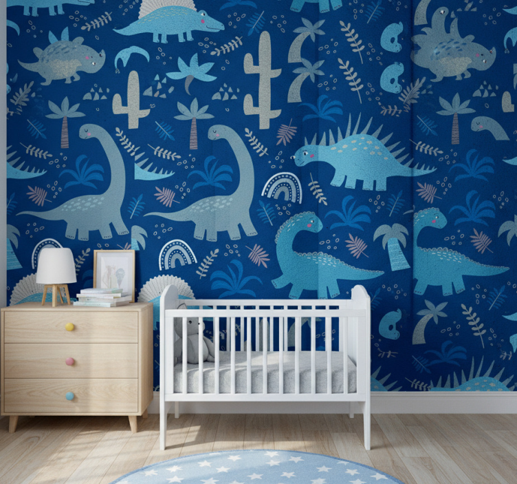Papel pintado dinosaurios tonos azules - TenVinilo
