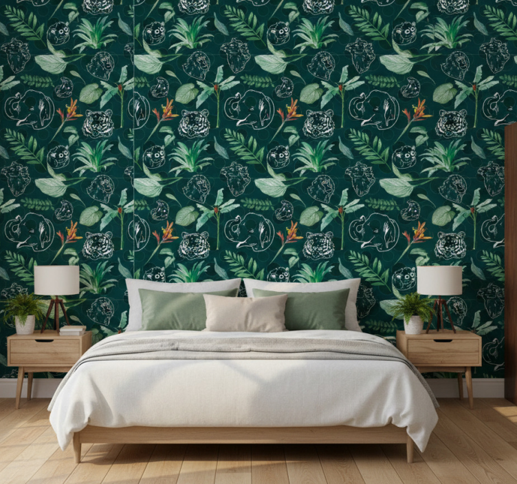 Papel pintado dormitorio animales y árboles coloridos - TenVinilo