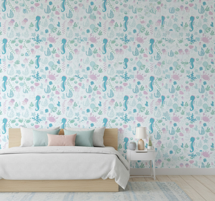 Papel pintado dormitorio animales y plantas marinas pastel - TenVinilo