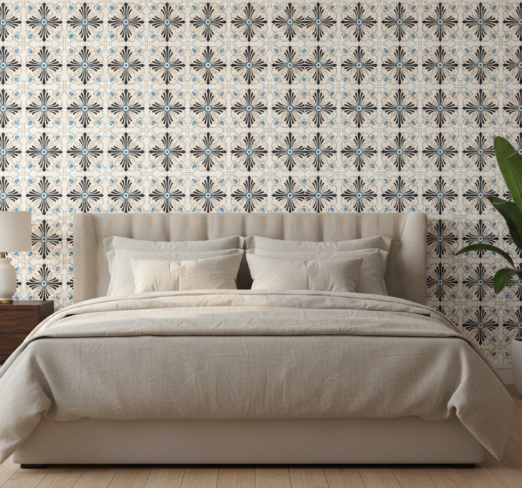 Papel pintado dormitorio azulejos botánicos retro - TenVinilo