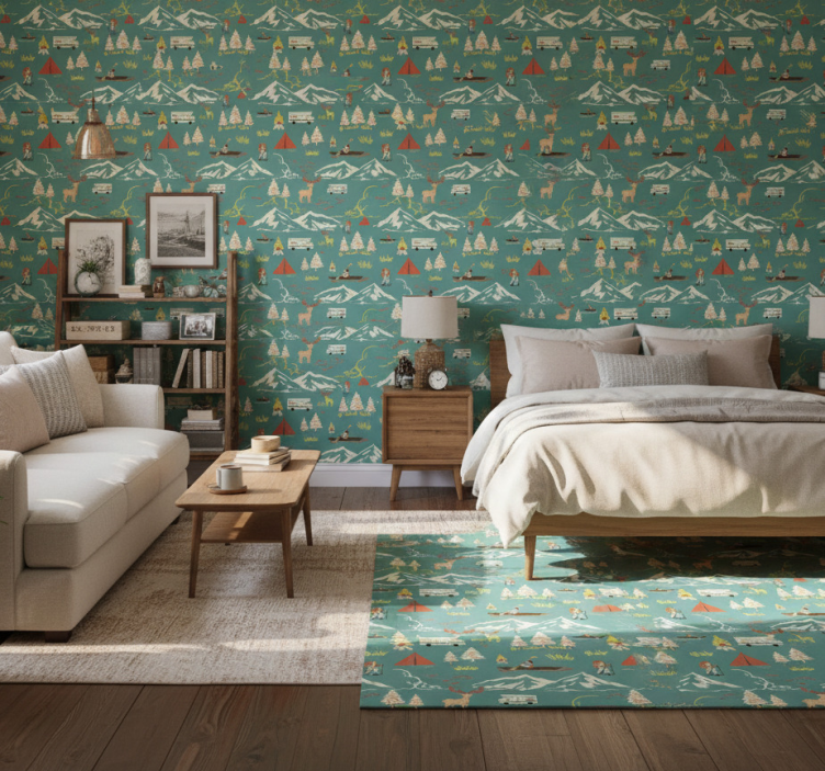 Papel pintado dormitorio campista, árboles y ruta - TenVinilo