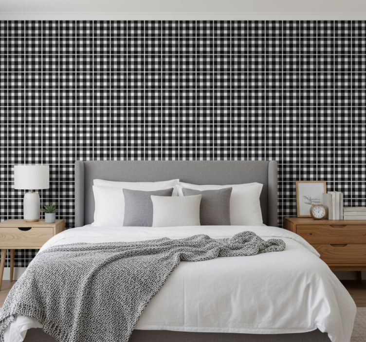 Papel pintado dormitorio cuadro vichy blanco y negro - TenVinilo
