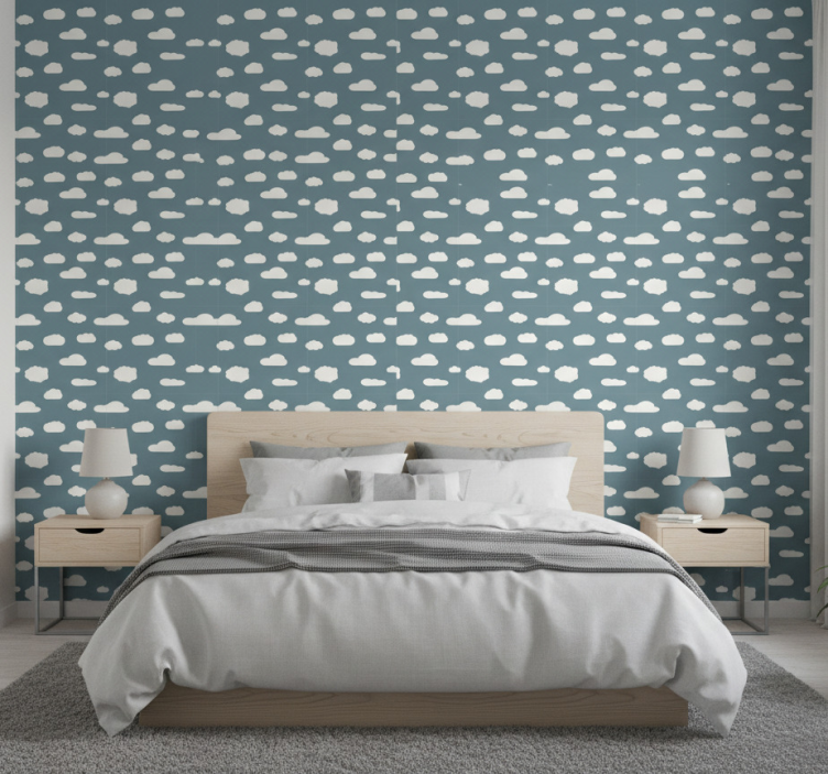 Papel pintado dormitorio diseño blanco sobre fondo azul - TenVinilo