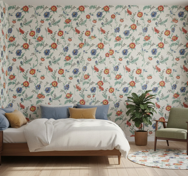 Papel pintado dormitorio diseño de flores retro - TenVinilo