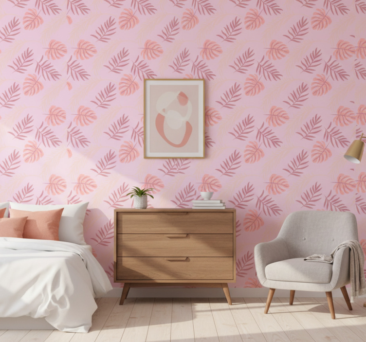 Papel pintado dormitorio diseño de hojas tropicales rosas - TenVinilo