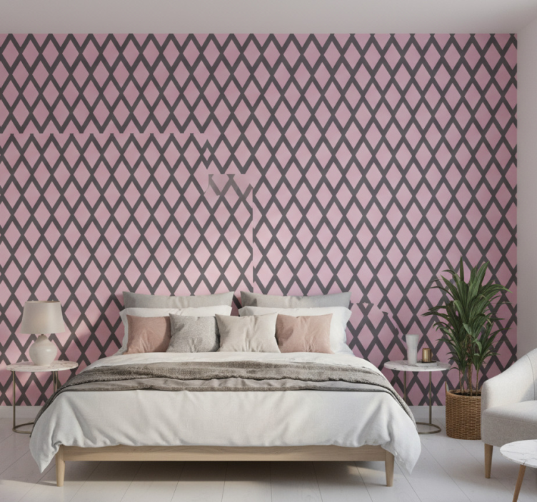 Papel pintado dormitorio diseño de rombos rosa y gris - TenVinilo