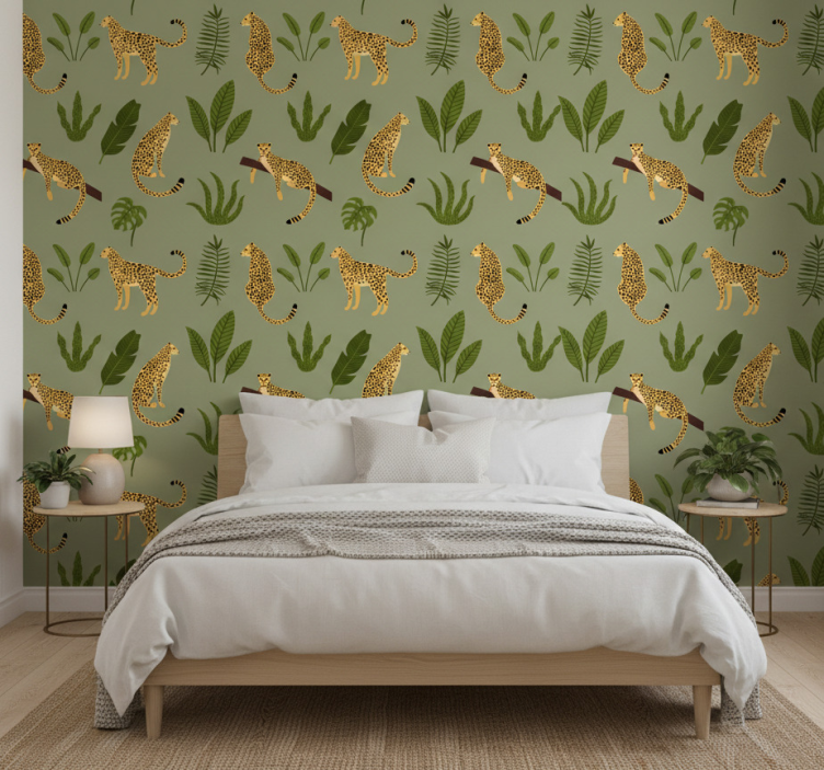 Papel pintado dormitorio diseño jungla floral leopardo - TenVinilo