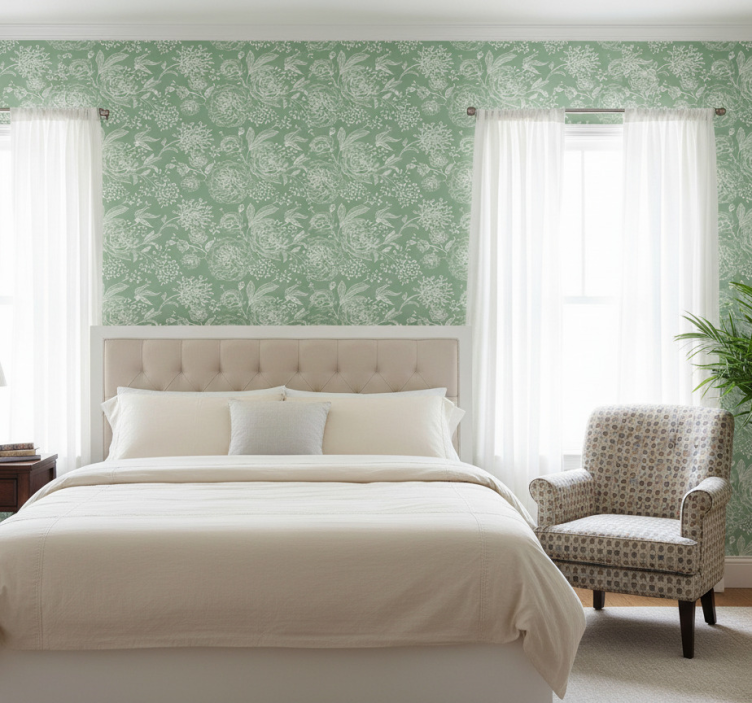 Papel pintado dormitorio estilo grandmillenial floral verde - TenVinilo