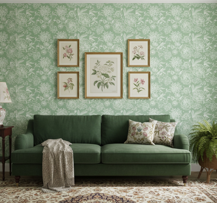 Papel pintado dormitorio estilo grandmillenial verde floral - TenVinilo