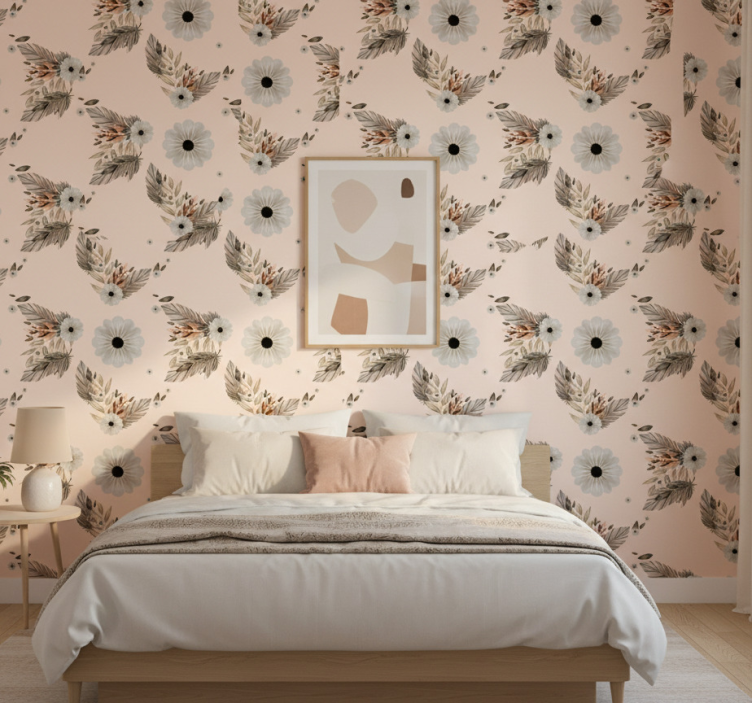 Papel pintado dormitorio flores pasteles rosa y negro - TenVinilo