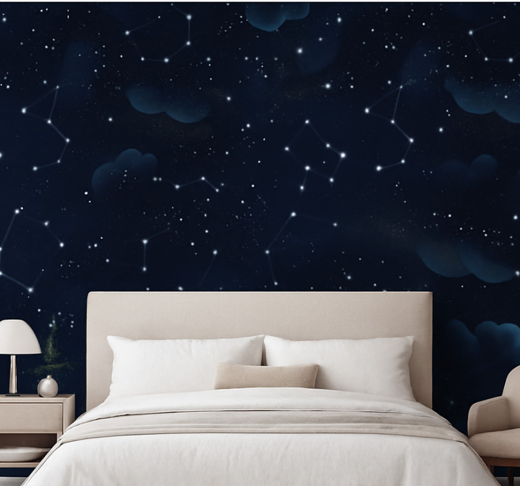 Papel pintado dormitorio matrimonio cielo azul marino con estrell - TenVinilo