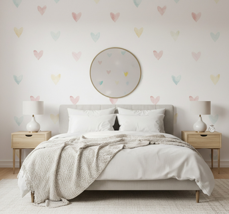 Papel pintado dormitorio matrimonio corazones acuarelados pastel - TenVinilo