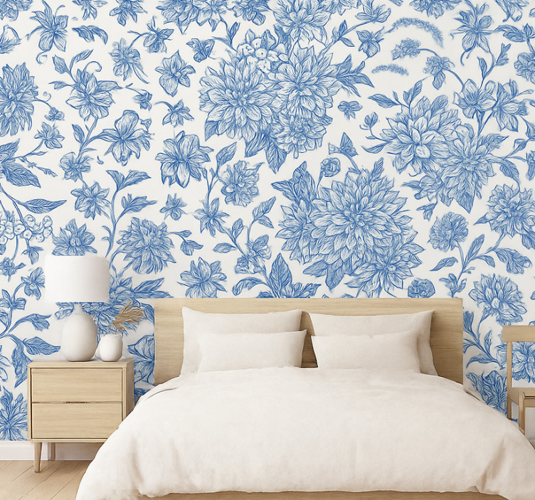 Papel pintado dormitorio matrimonio dahlia azul floral - TenVinilo