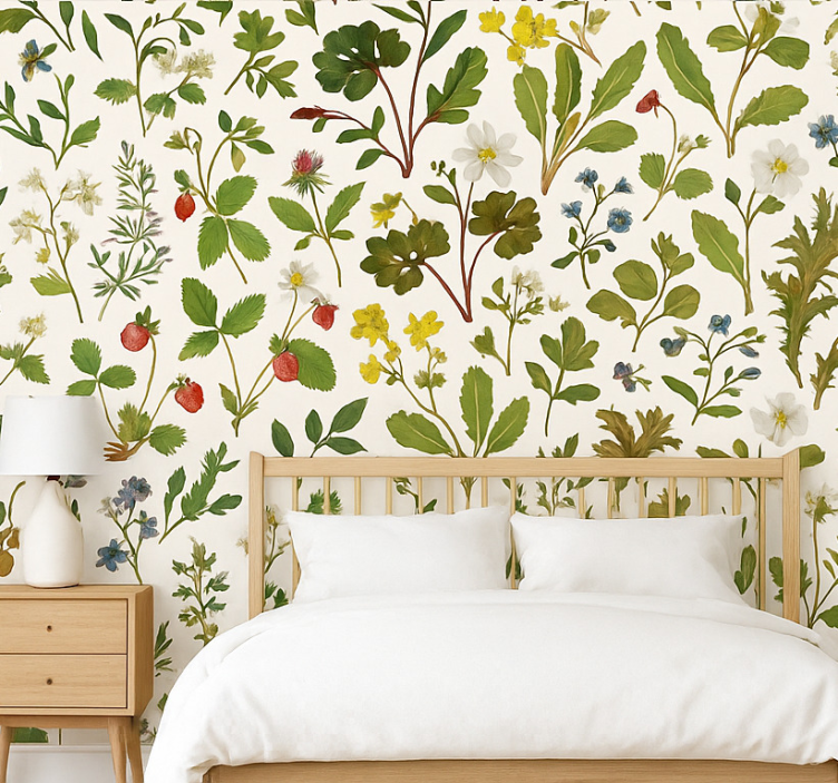 Papel pintado dormitorio matrimonio diseño botánico fondo blanco - TenVinilo