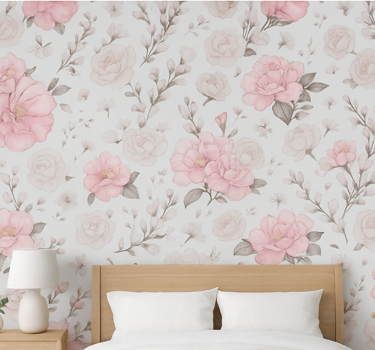Papel pintado dormitorio matrimonio diseño floral gris rosa - TenVinilo