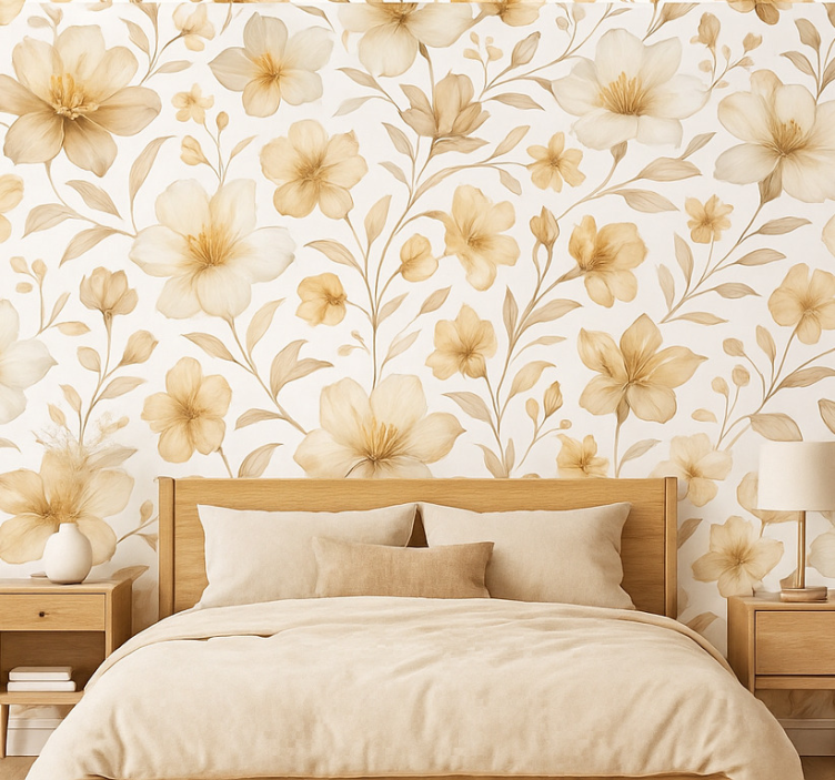 Papel pintado dormitorio matrimonio diseño floral realista - TenVinilo