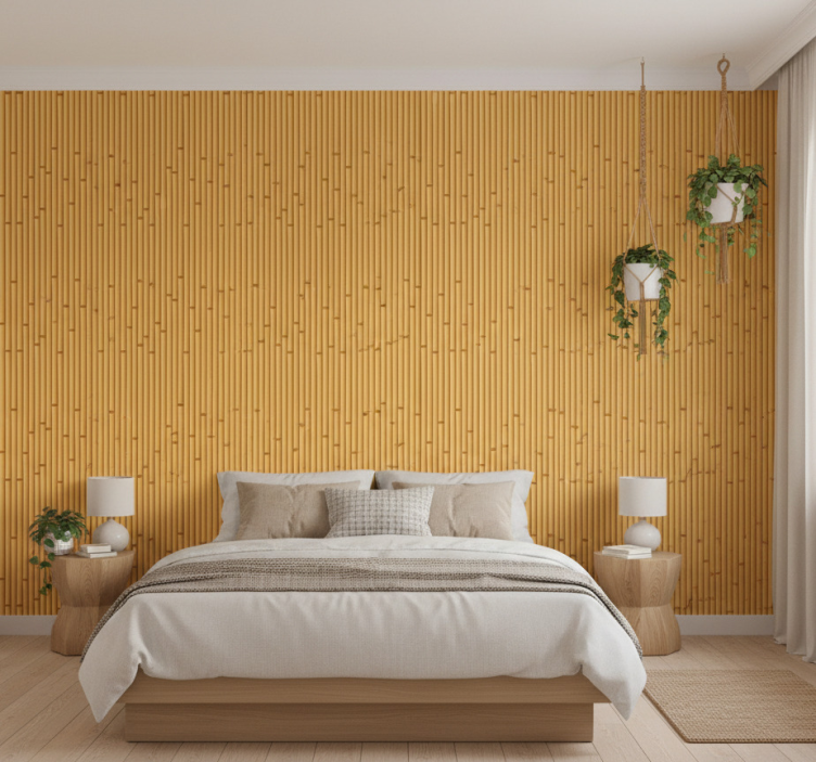 Papel pintado dormitorio matrimonio efecto bambú japandi - TenVinilo