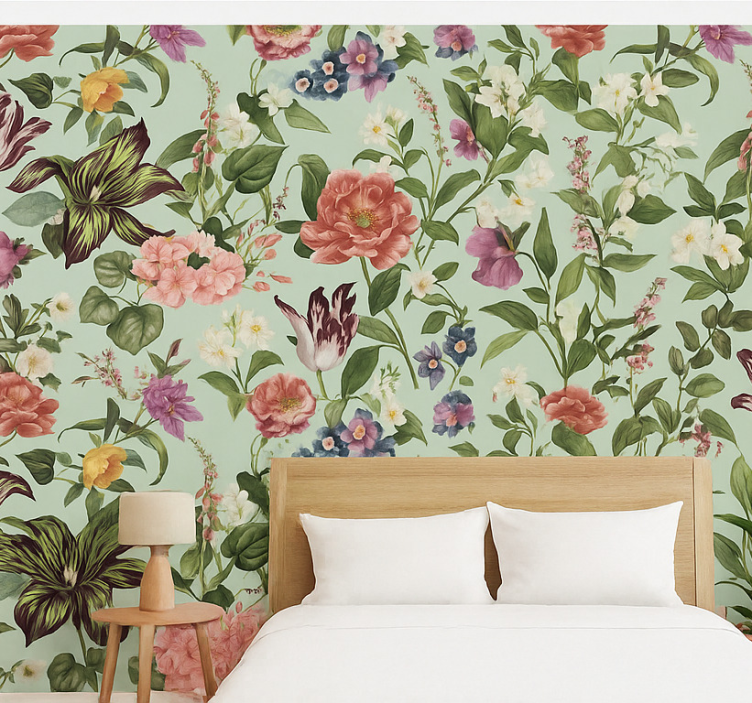 Papel pintado dormitorio matrimonio flores de primavera coloridas - TenVinilo