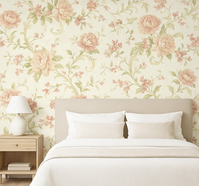 Papel pintado dormitorio matrimonio flores vintage rosa claro - TenVinilo