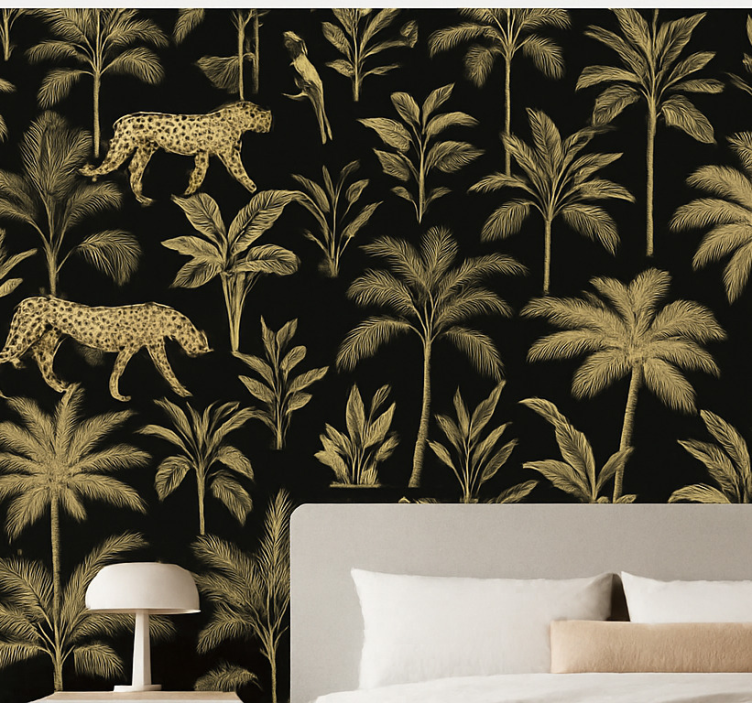 Papel pintado dormitorio matrimonio negro con animales beige - TenVinilo