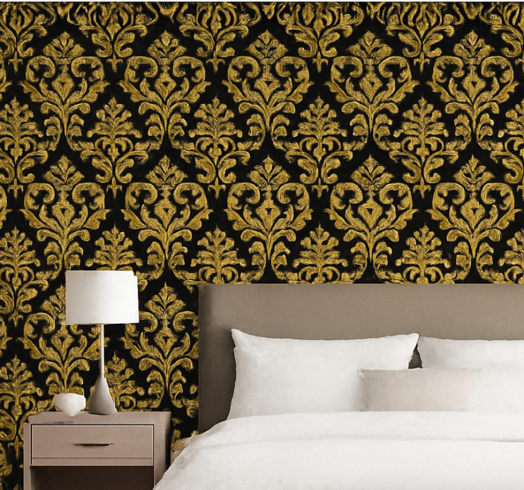 Papel pintado dormitorio matrimonio motivo dorado sobre negro - TenVinilo