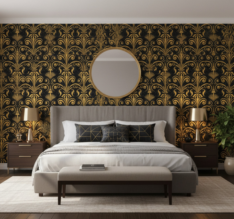 Papel pintado dormitorio matrimonio negro y dorado - TenVinilo