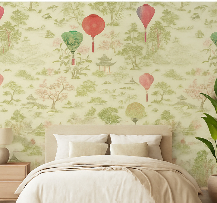 Papel pintado dormitorio matrimonio paisaje chinoiserie - TenVinilo