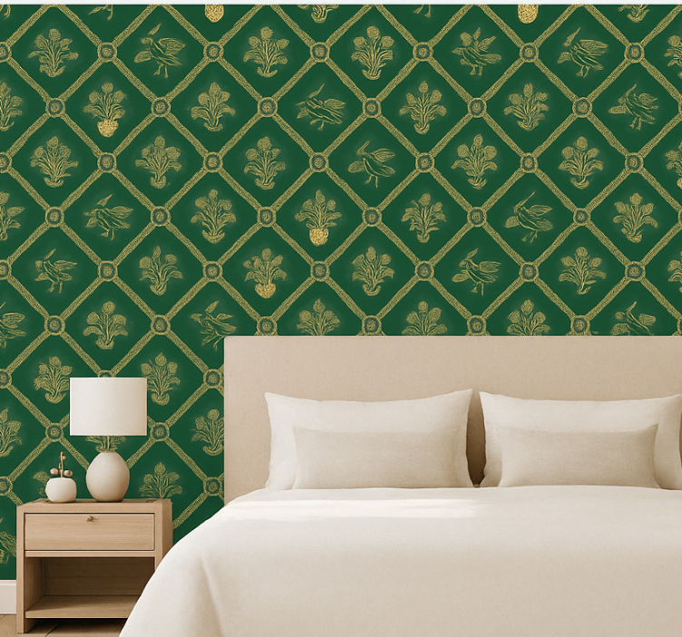 Papel pintado dormitorio matrimonio patrón verde y oro - TenVinilo