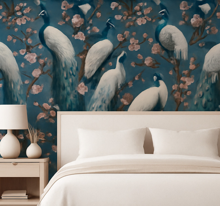 Papel pintado dormitorio matrimonio pavos reales elegantes - TenVinilo