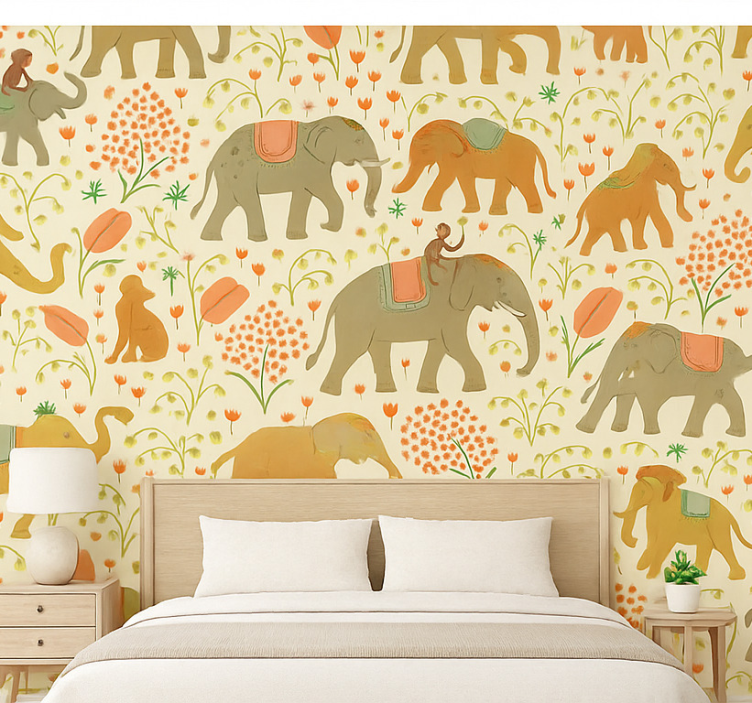 Papel pintado dormitorio matrimonio safari de elefantes - TenVinilo