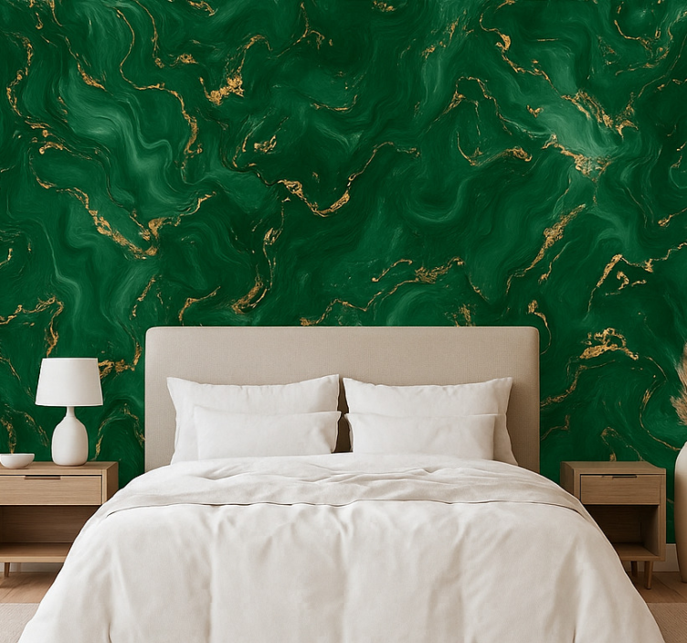 Papel pintado dormitorio matrimonio verde esmeralda con mármol - TenVinilo