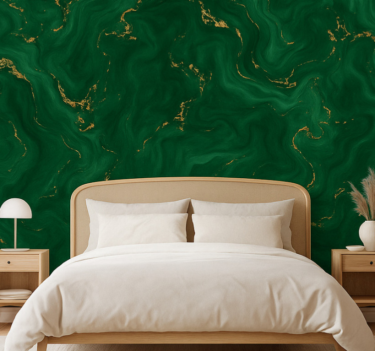 Papel pintado dormitorio matrimonio verde esmeralda con mármol - TenVinilo