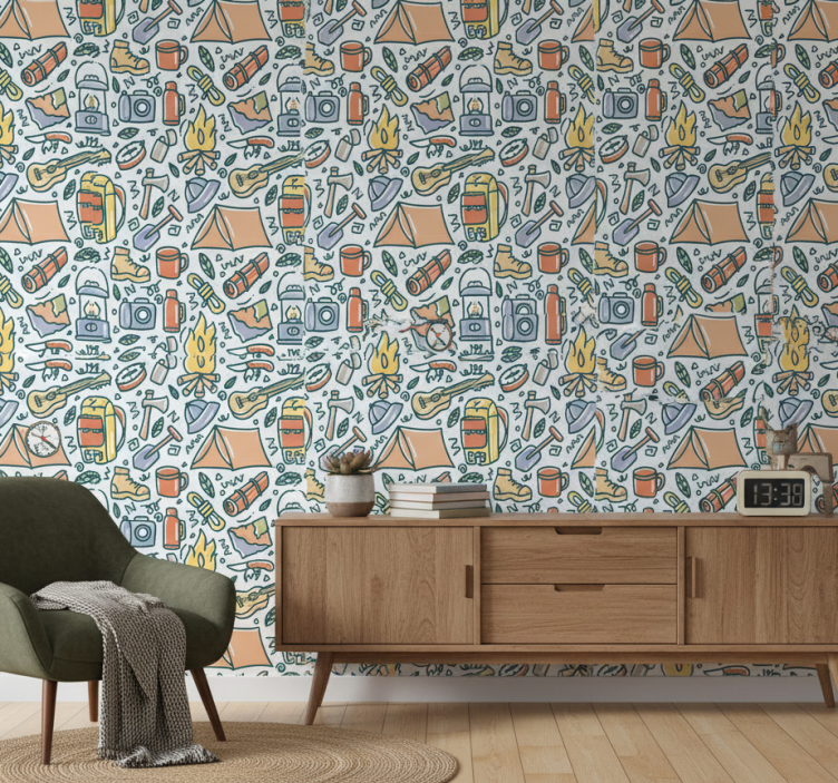 Papel pintado dormitorio montañas y camping dibujados a mano - TenVinilo