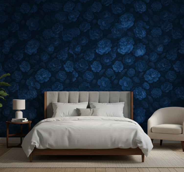 Papel pintado dormitorio motivo floral oscuro azul - TenVinilo