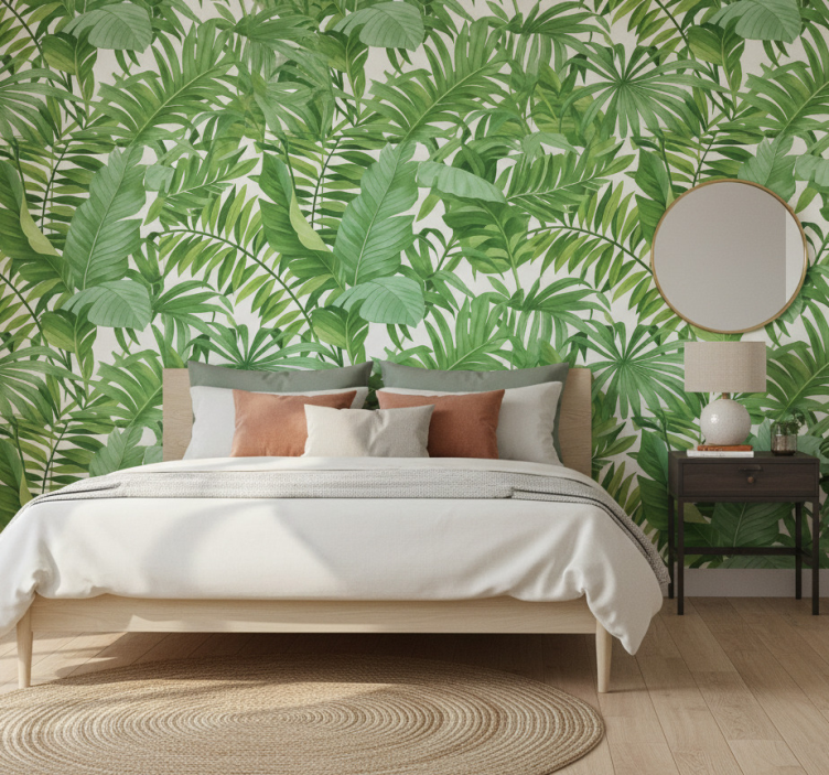 Papel pintado dormitorio motivo hojas tropicales - TenVinilo