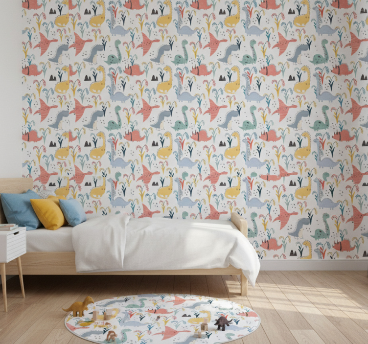 Papel pintado dormitorio patrón de dinosaurios y árboles - TenVinilo