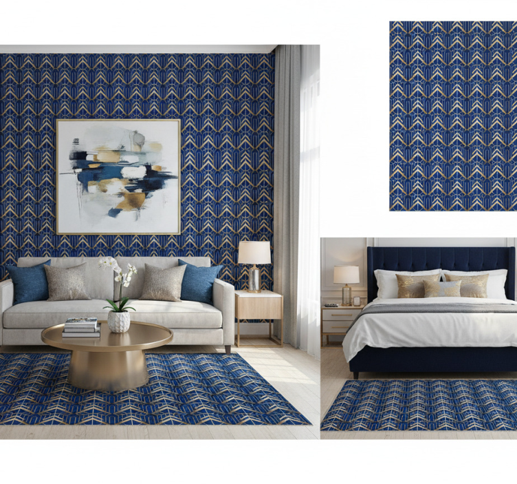 Papel pintado dormitorio patrón deco azul y dorado - TenVinilo
