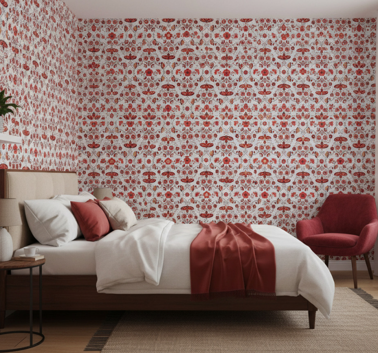 Papel pintado dormitorio patrón folclórico rojo de polonia - TenVinilo