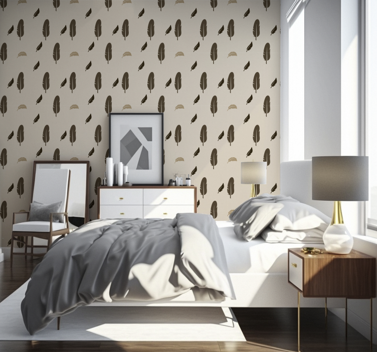 Papel pintado dormitorio beige patrón de plumas - TenVinilo