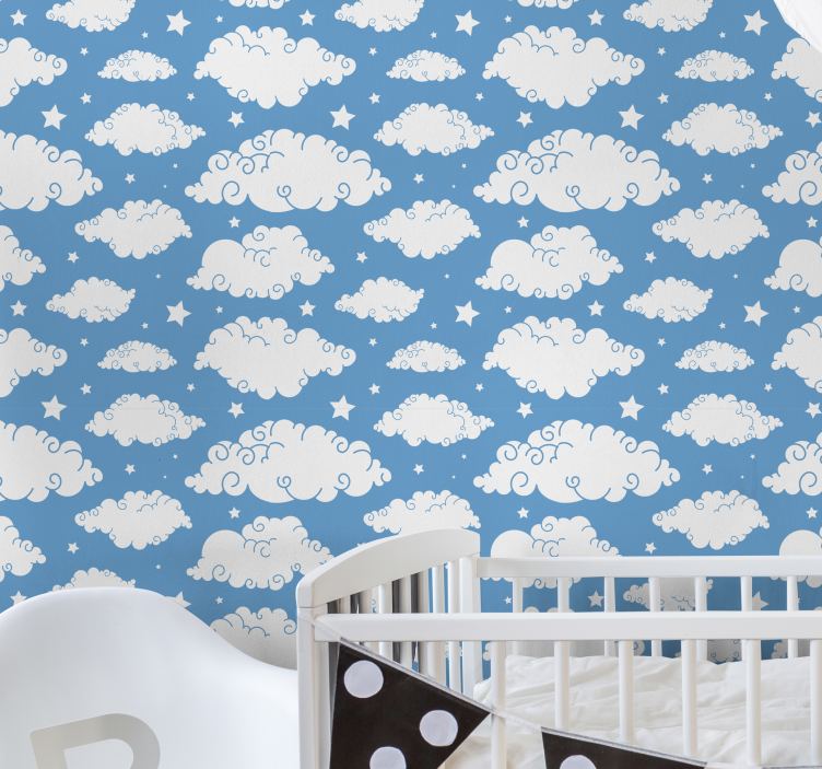 Papel pintado estrellas diseño azul con nubes - TenVinilo