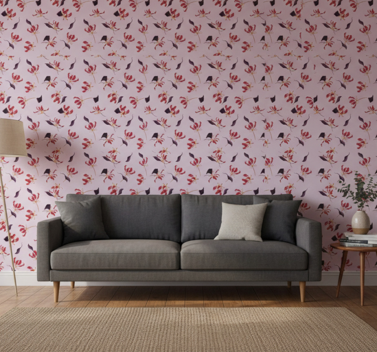 Papel pintado floral diseño de lirio rojo a mano - TenVinilo