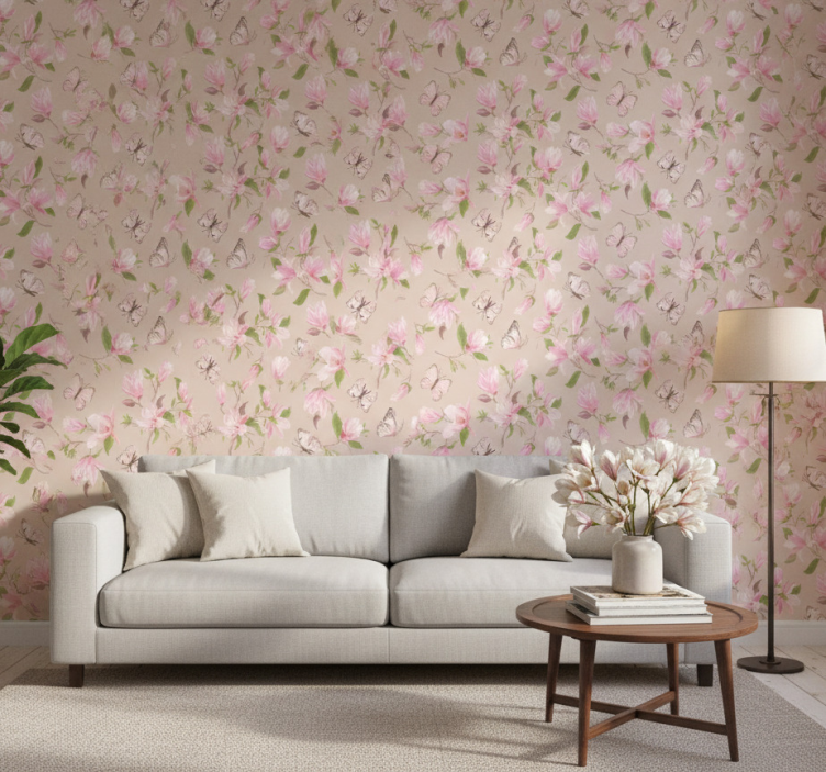 Papel pintado floral diseño de magnolia rosa y mariposas - TenVinilo