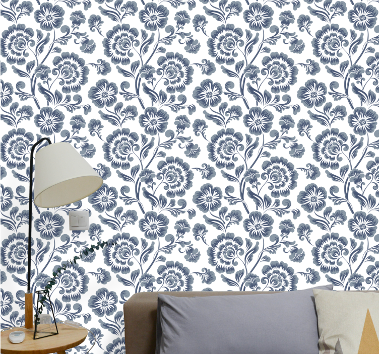 Papel pintado floral estampado elegante azul marino - TenVinilo