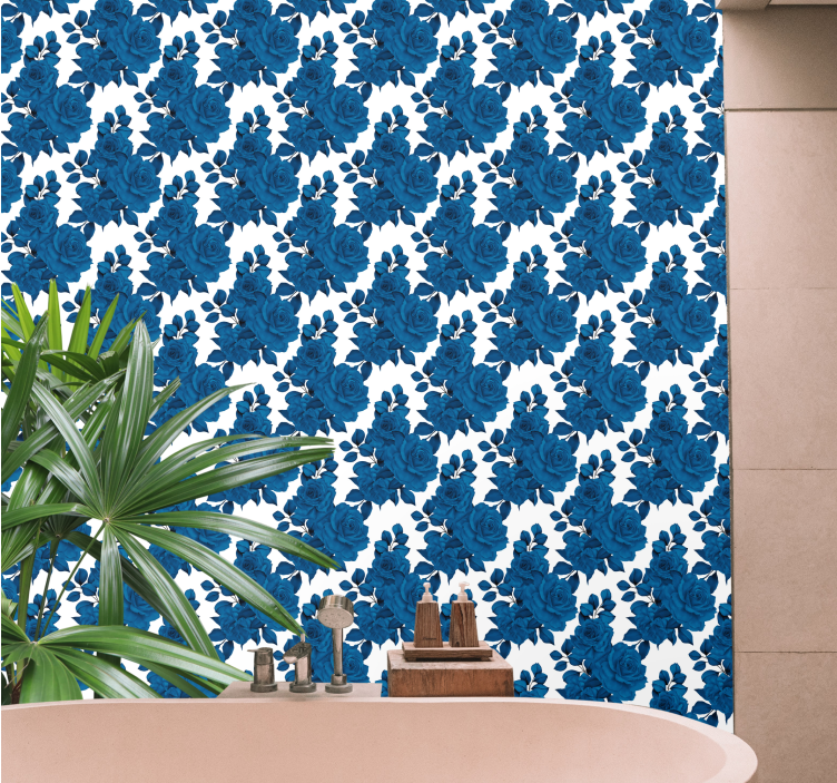 Papel pintado floral flor de rosa azul - TenVinilo