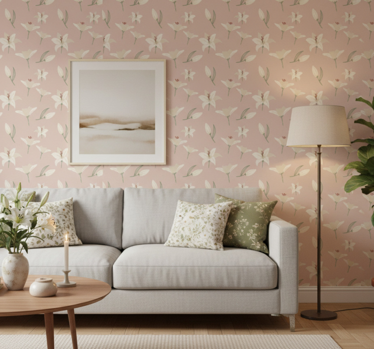 Papel pintado floral lirios blancos sobre fondo nude - TenVinilo