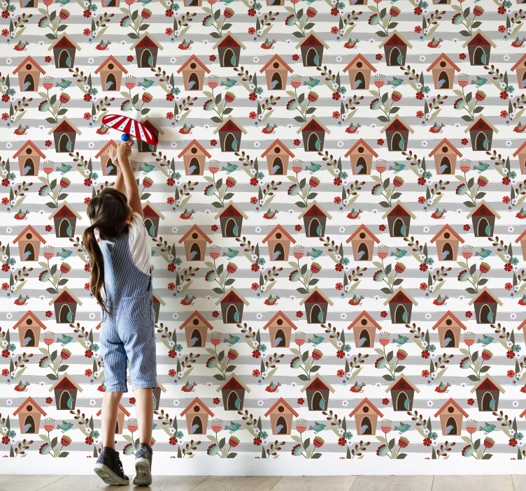 Papel pintado floral patrón de casas de pájaros con encanto - TenVinilo