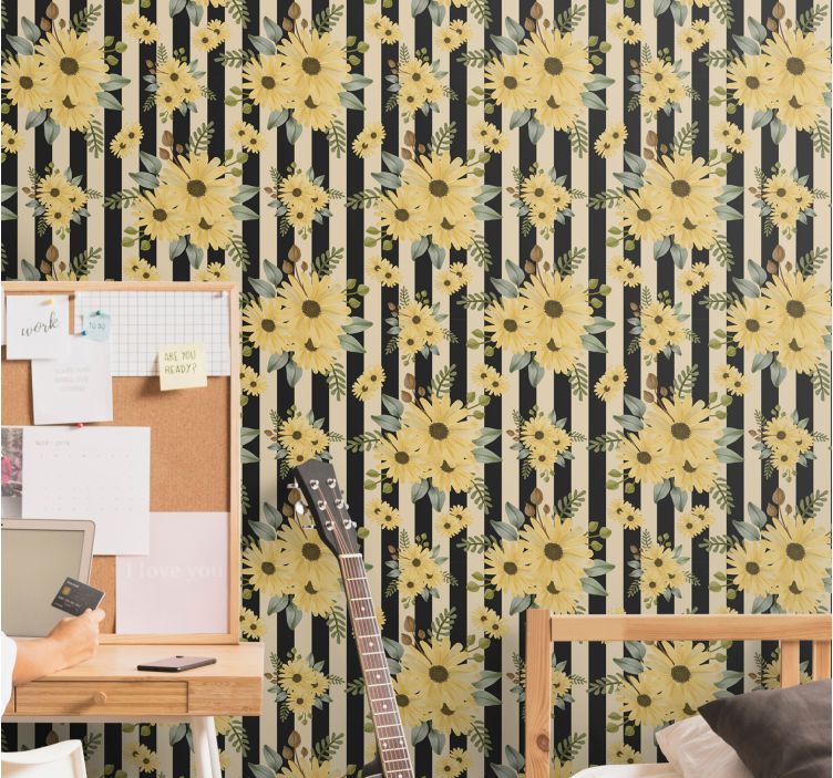 Papel pintado floral patrón de girasol rayado - TenVinilo