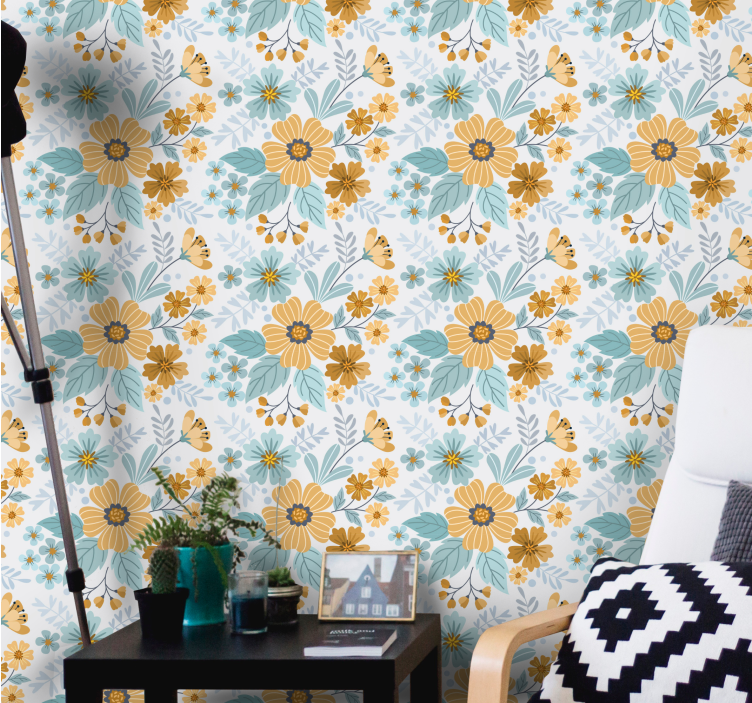 Papel pintado flores arreglo floral de mariposas - TenVinilo